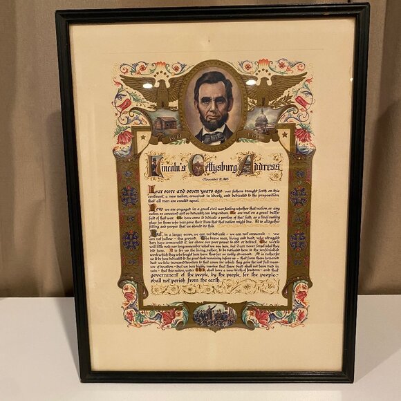 Antique Embossed Lithograph Lincoln Gettysburg Address 17x13 Framed - Picture 1 of 3